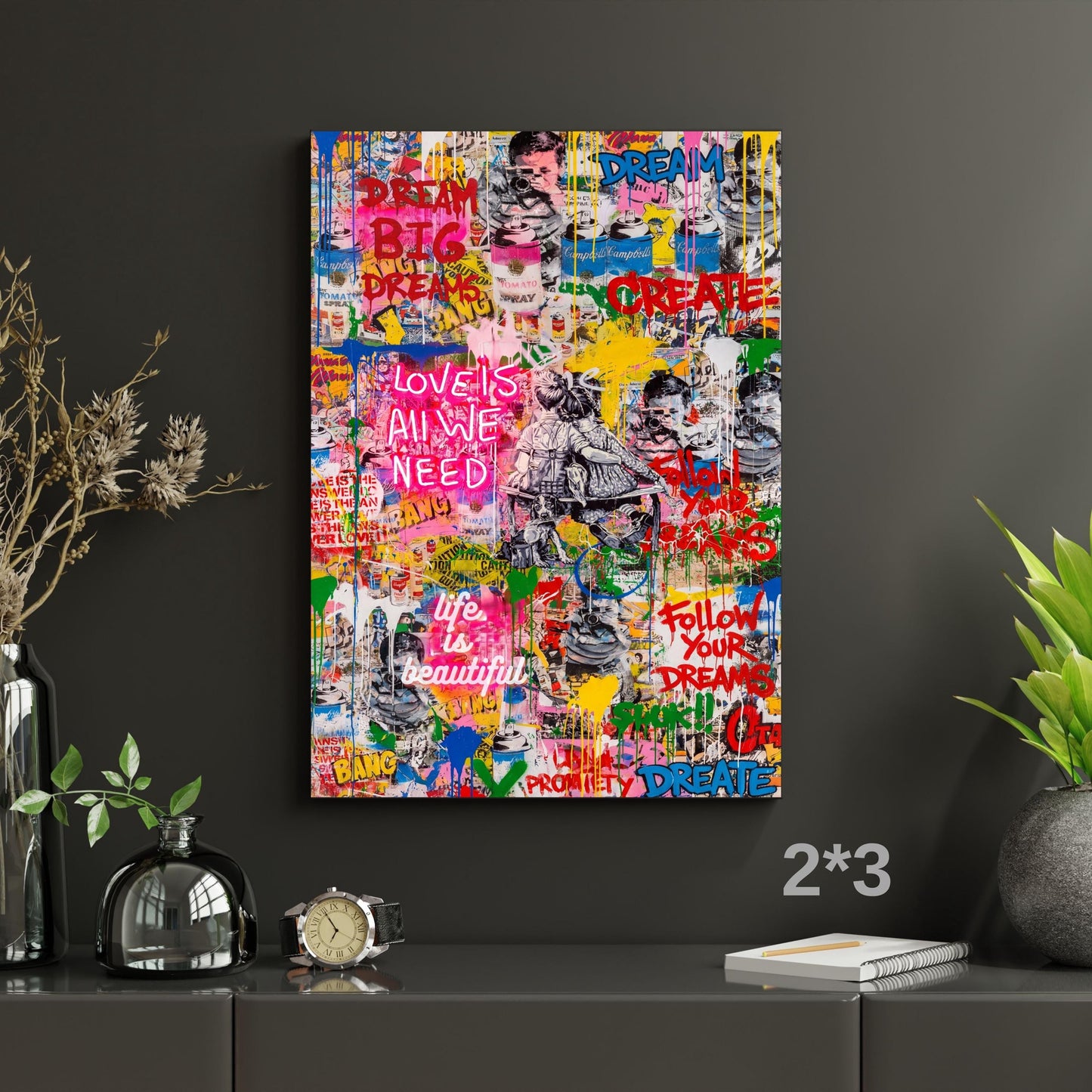 Long Narrow Wall Art Banksy & Pop Art Style Canvas, Motivational Graffiti Wall Art, Life is Beautiful Street Art, Love is All We Need Print