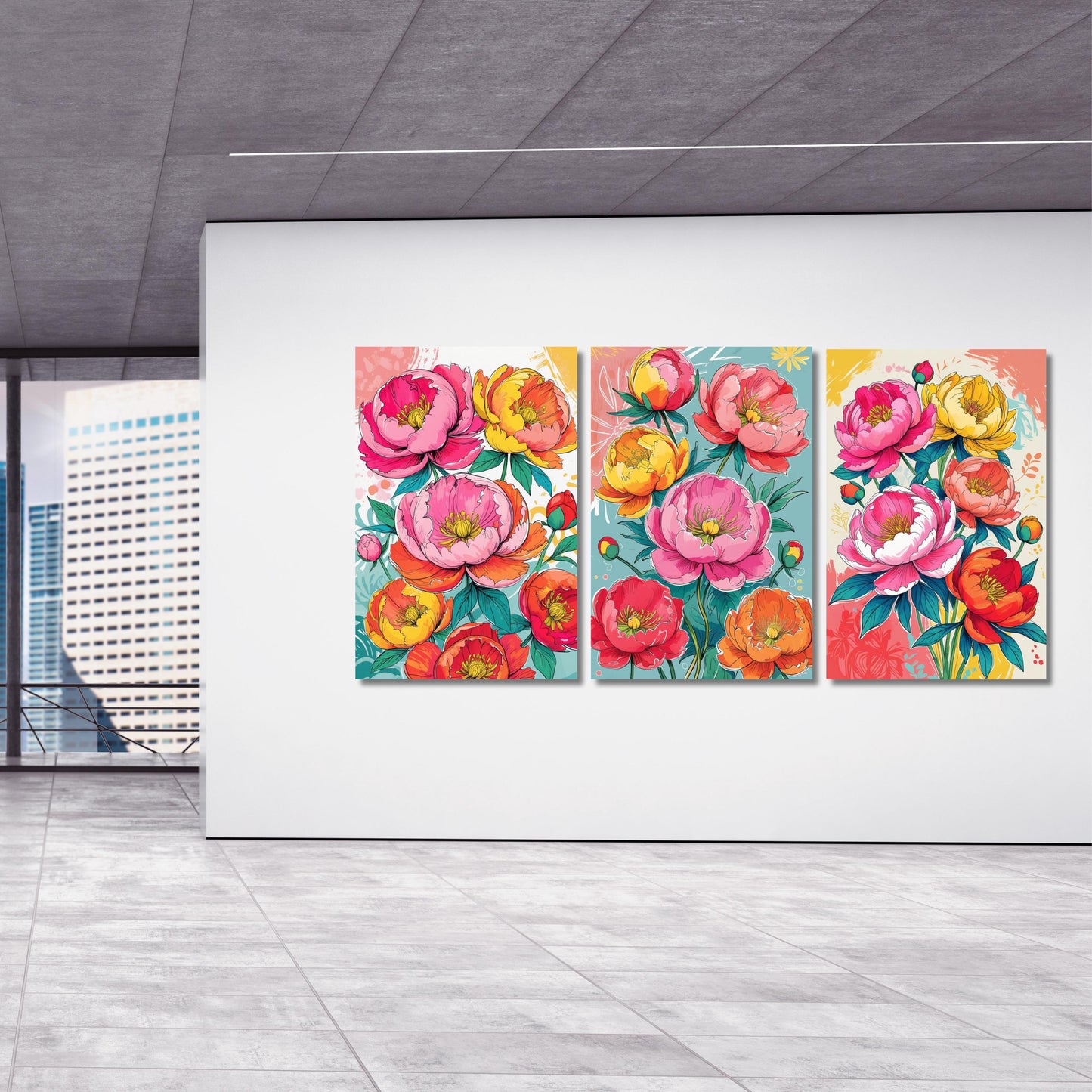 Set of 3 Summer Peony Canvas Prints Colorful Quirky Handdrawn Floral Wall Art Bright Botanical Flowers for Bedroom Kitchen or Gallery Wall