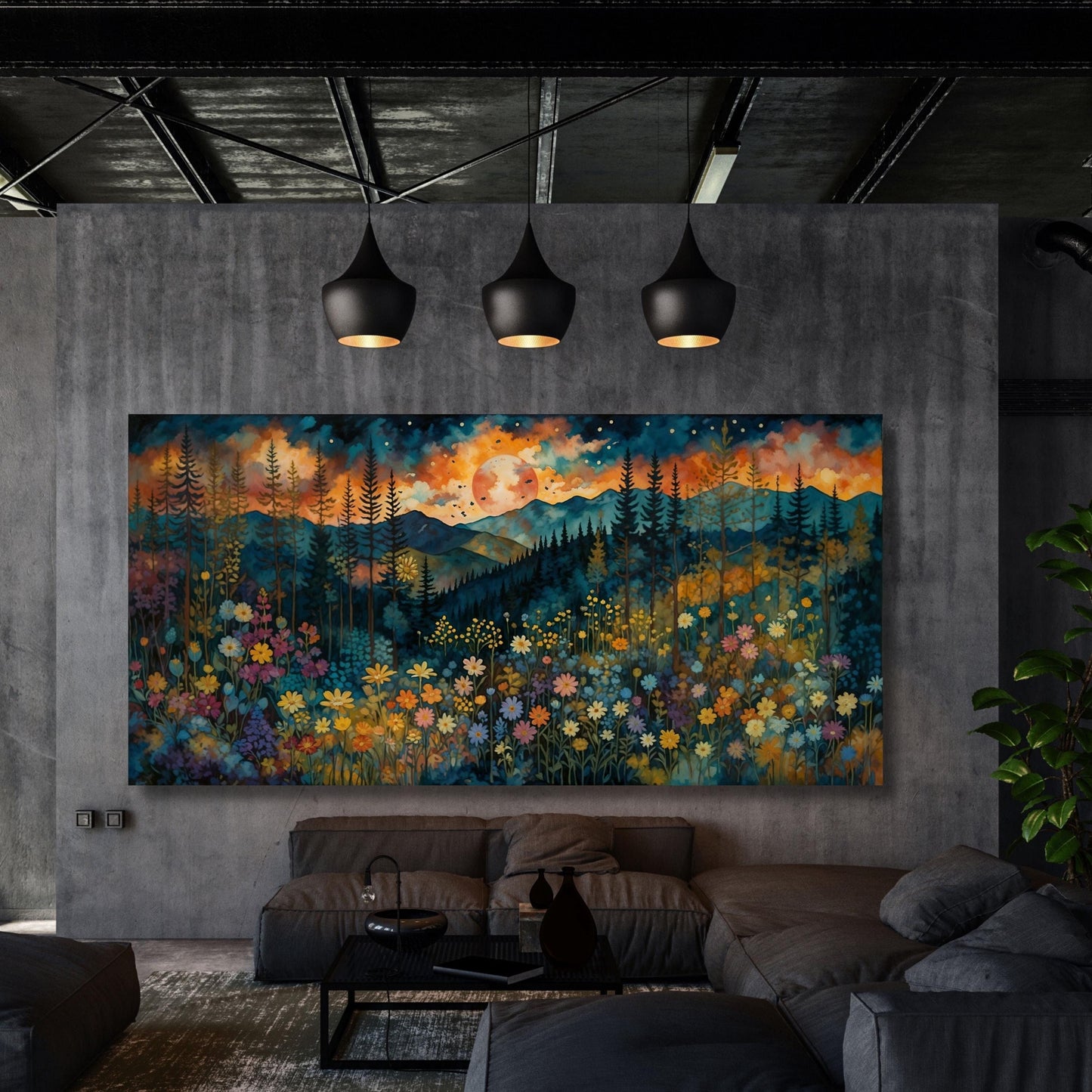 Full Moon Wildflower Canvas Art – Moonlit Forest and Pine Tree Print – Rustic Flower Garden Wall Decor – Klimt-Inspired Woodland Gift