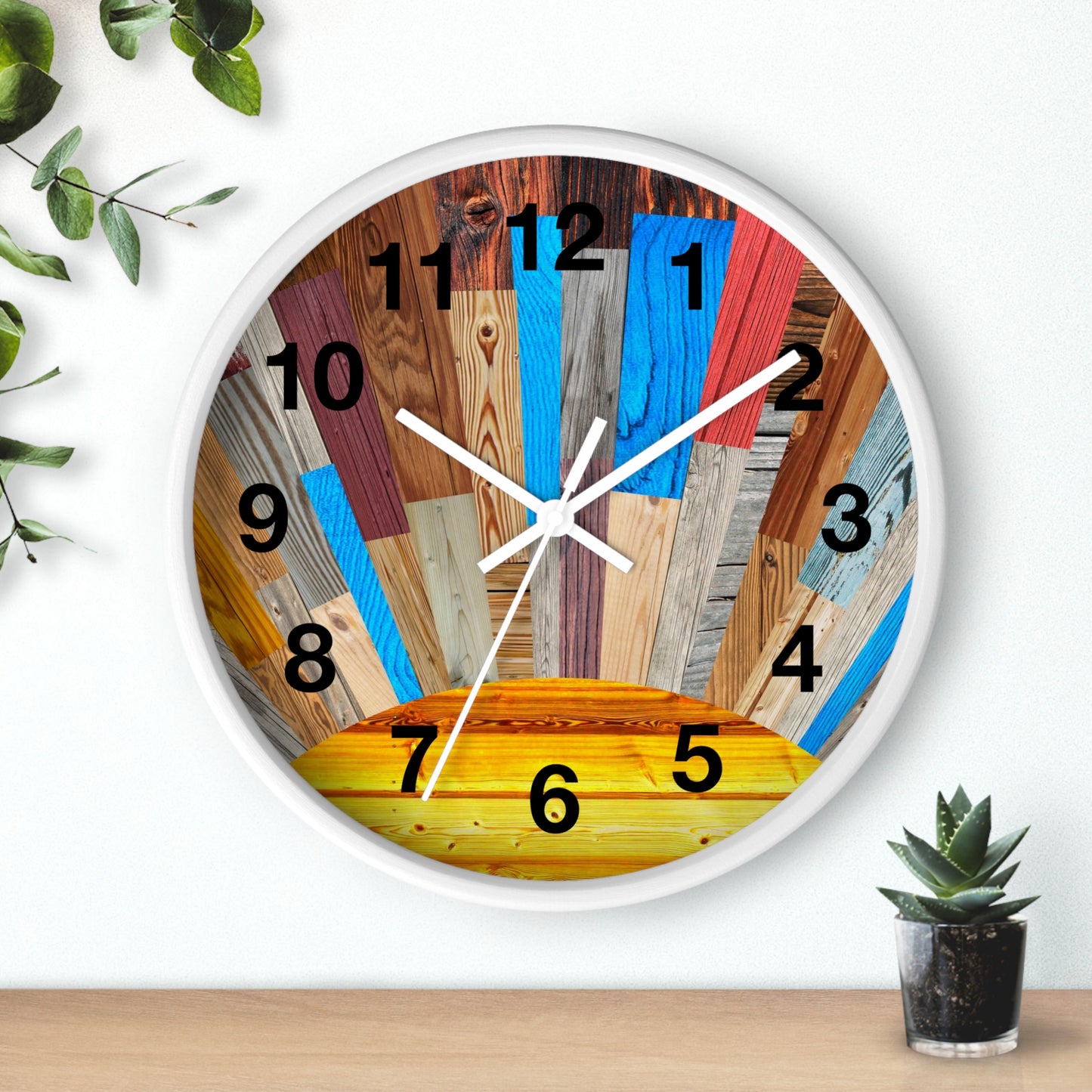Sunrise Wood Planks Wall Clock | Colorful Rustic Sunburst