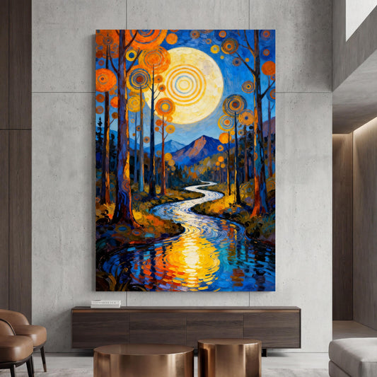 Forest Wildflowers Canvas Wall Art, Moonlit Pine Tree Forest Wall Art, Rustic Forest Painting, Full Moon Wall Art Painting Vintage Forest