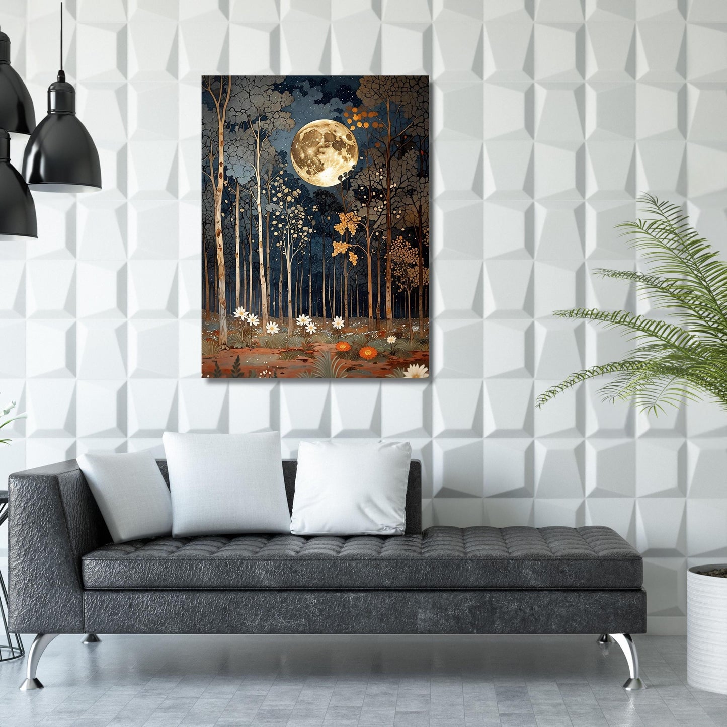 Full Moon Wildflower Canvas, Flower Garden Flower Market canvas, Moonlit Pine Tree Forest wall Art, Rustic Mountain Art, Woodland Klimt Gift