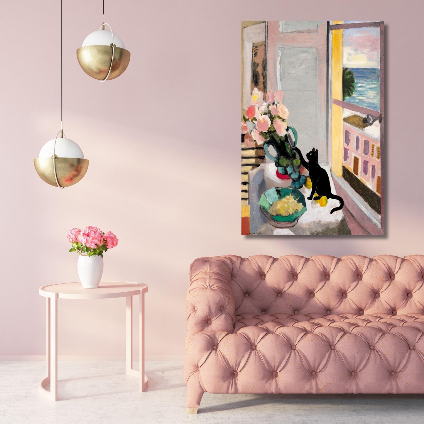 Matisse-Inspired Cat and Roses Canvas – Whimsical Still Life Wall Art