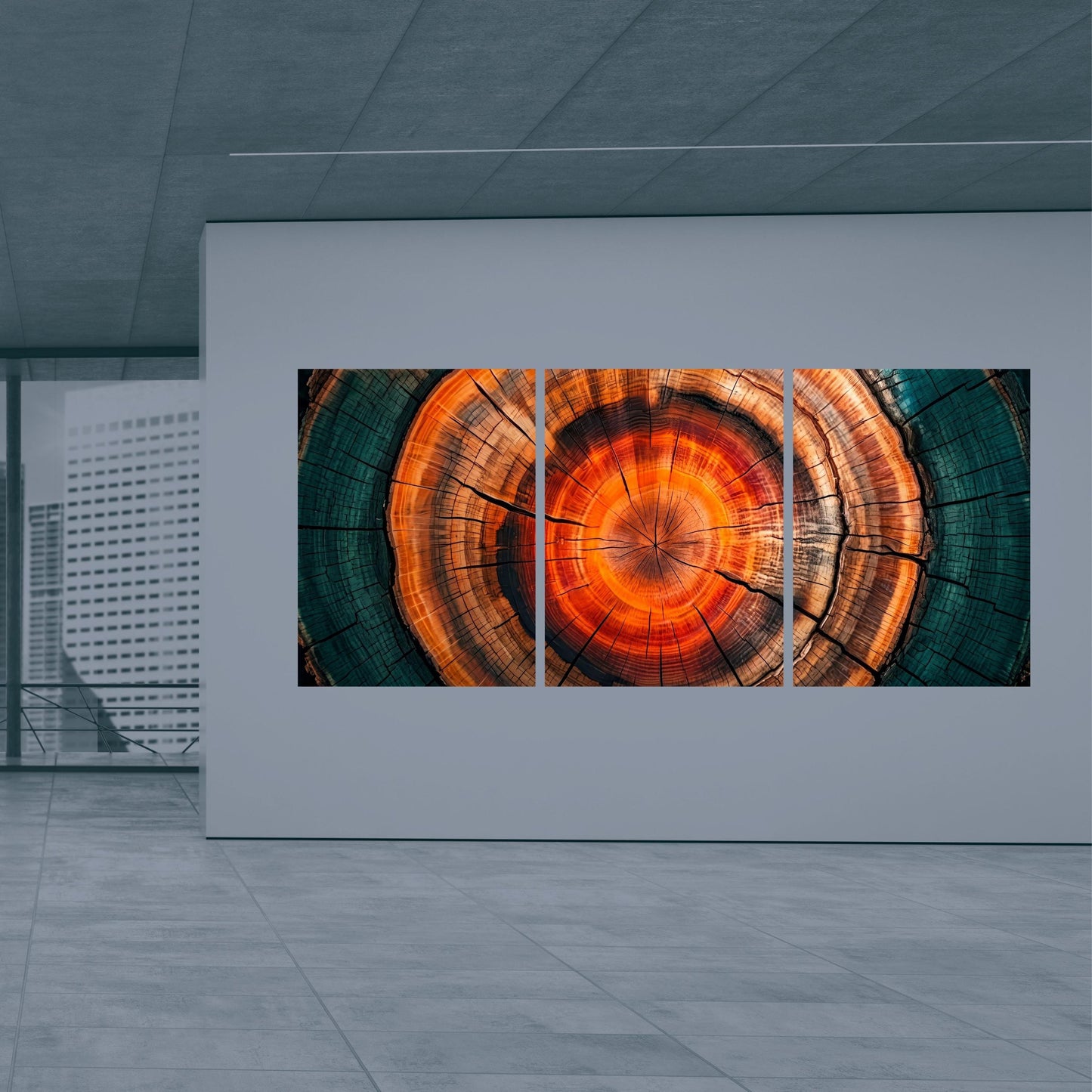 Tree Ring Set of 3 Canvas Prints, Amber and Teal Wood Slice Wall Art, Panoramic Nature Triptych, Modern Abstract Tree Cross Section