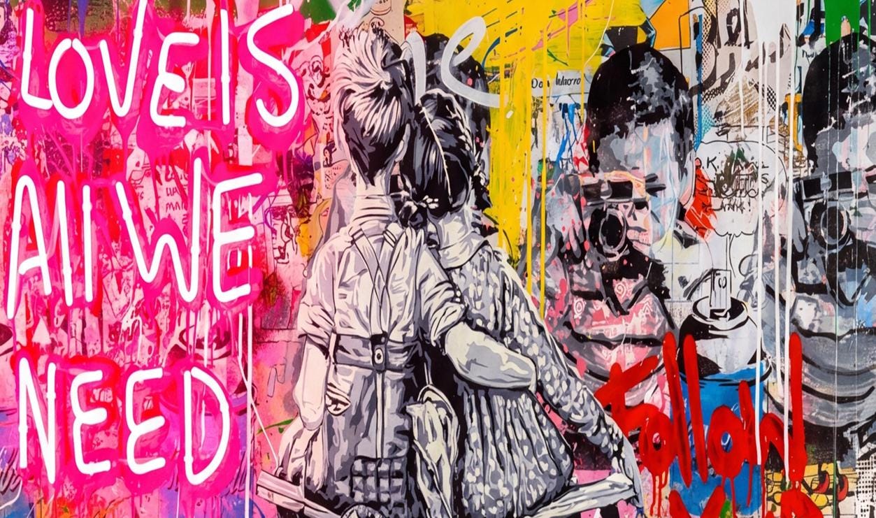 Long Narrow Wall Art Banksy & Pop Art Style Canvas, Motivational Graffiti Wall Art, Life is Beautiful Street Art, Love is All We Need Print