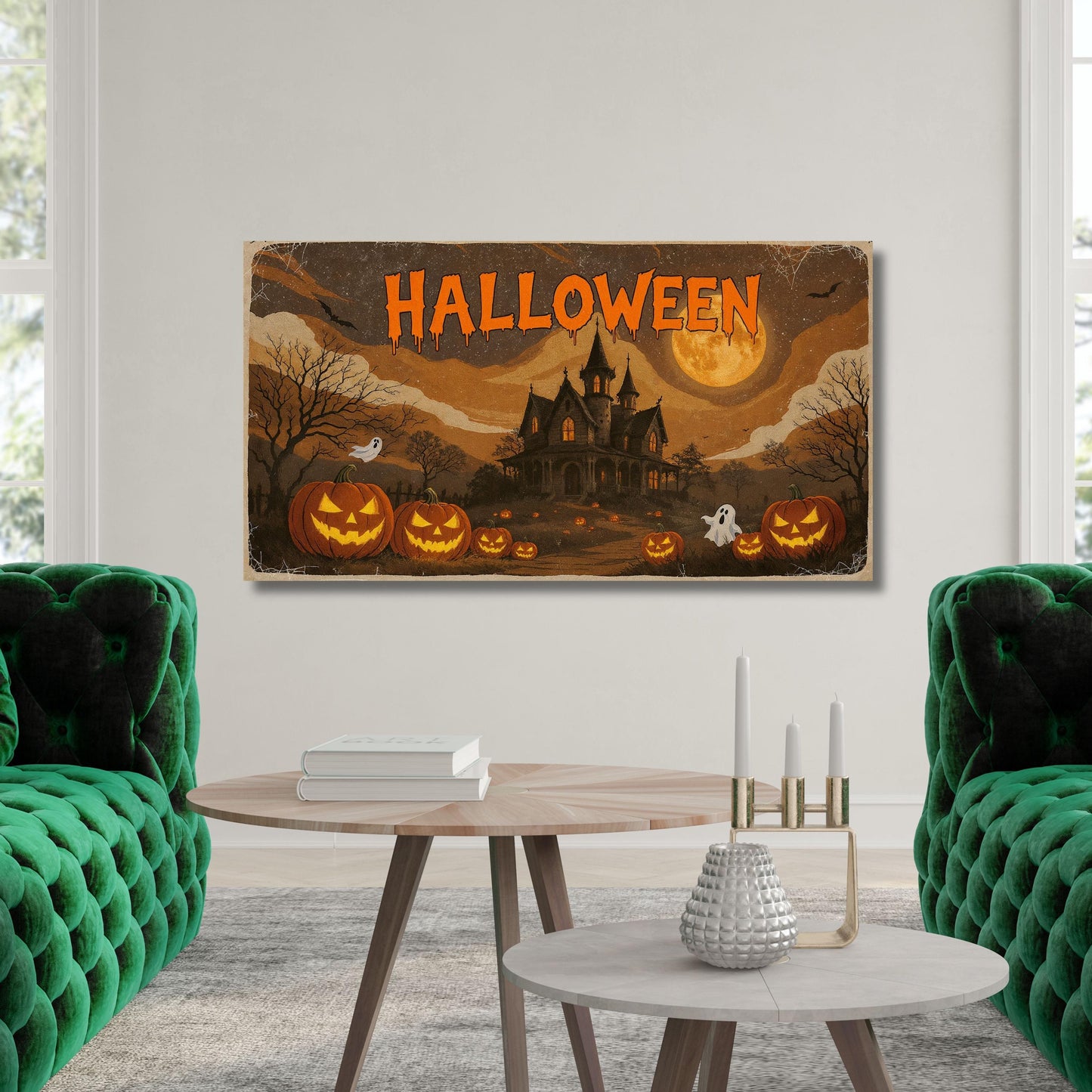 Cute Ghosts Haunted Halloween Canvas Wall Art, Farmhouse Spooky Decor, Pumpkin Holiday Artwork, Rustic Seasonal Wall Art Ready to Hang