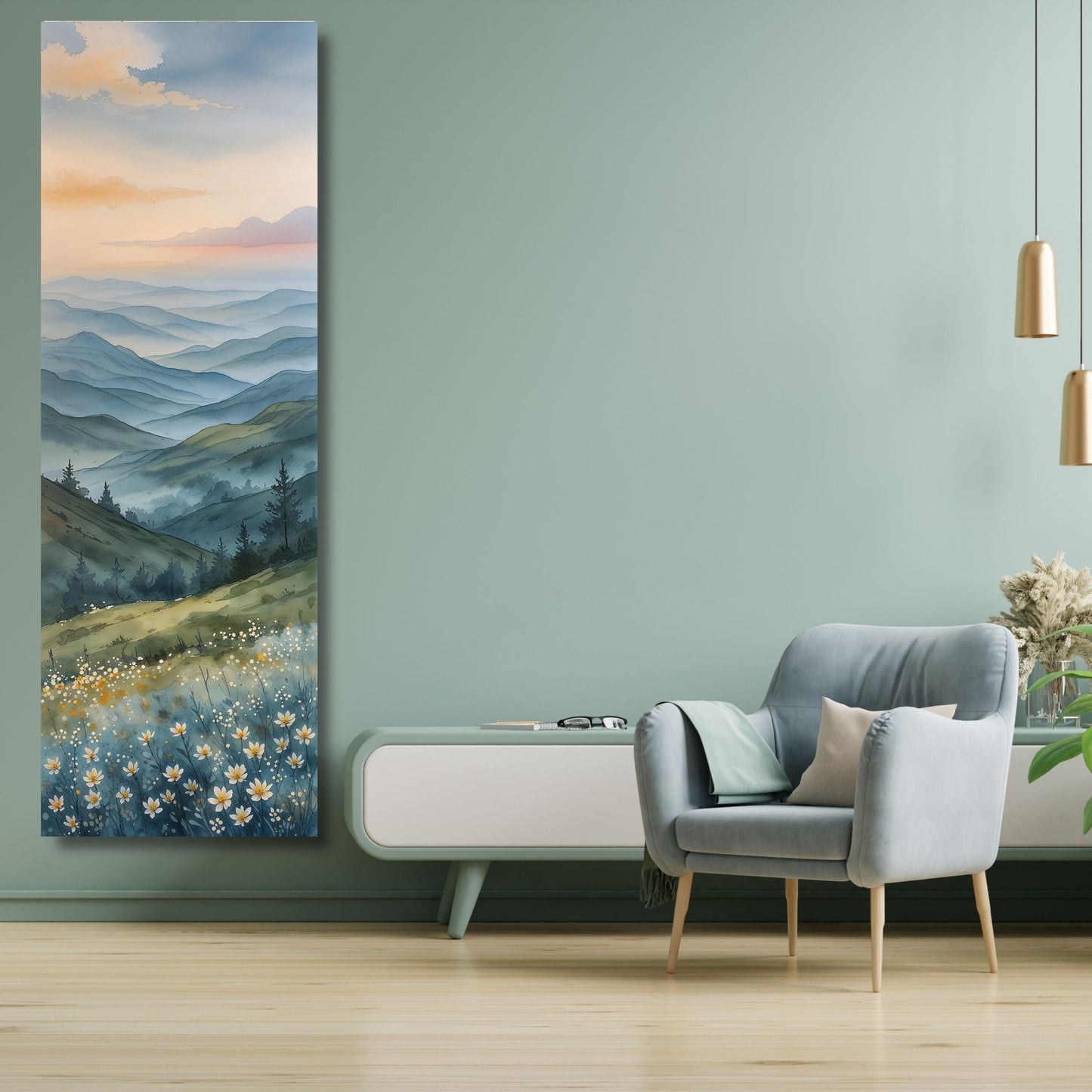 Long Narrow Wall Art,Smoky Mountains Painting, Spring Flowers Canvas, Landscape Wall Art Print, Nature Home Decor, Mountain Wall Hangings