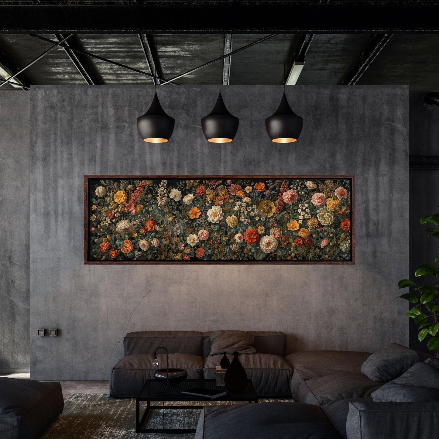 Floral Panorama Canvas Art, Moody Botanical Wildflower Wall Decor, Framed Garden Print Ready to Hang, Large Horizontal Flower Poster Art