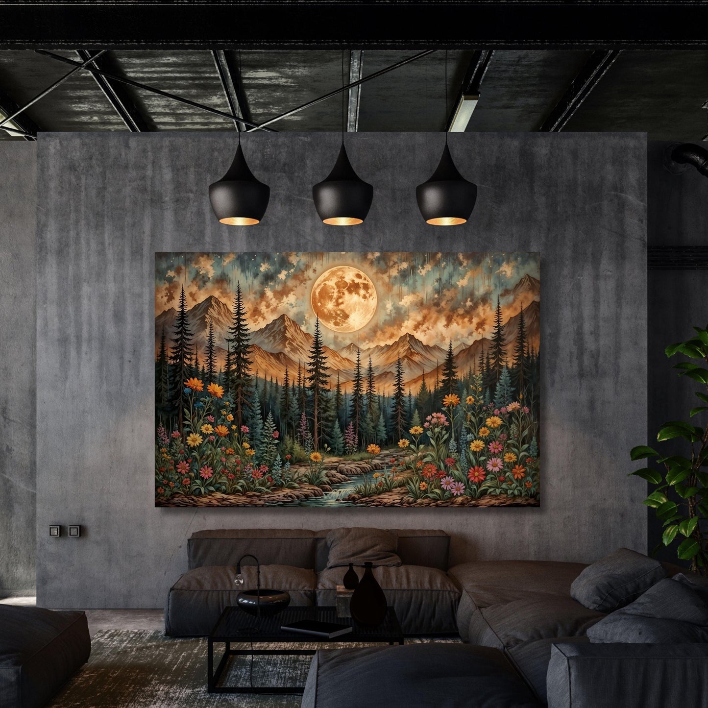 Klimt Inspired Moonlit Forest Canvas Art: Rustic Mountain Flower Print