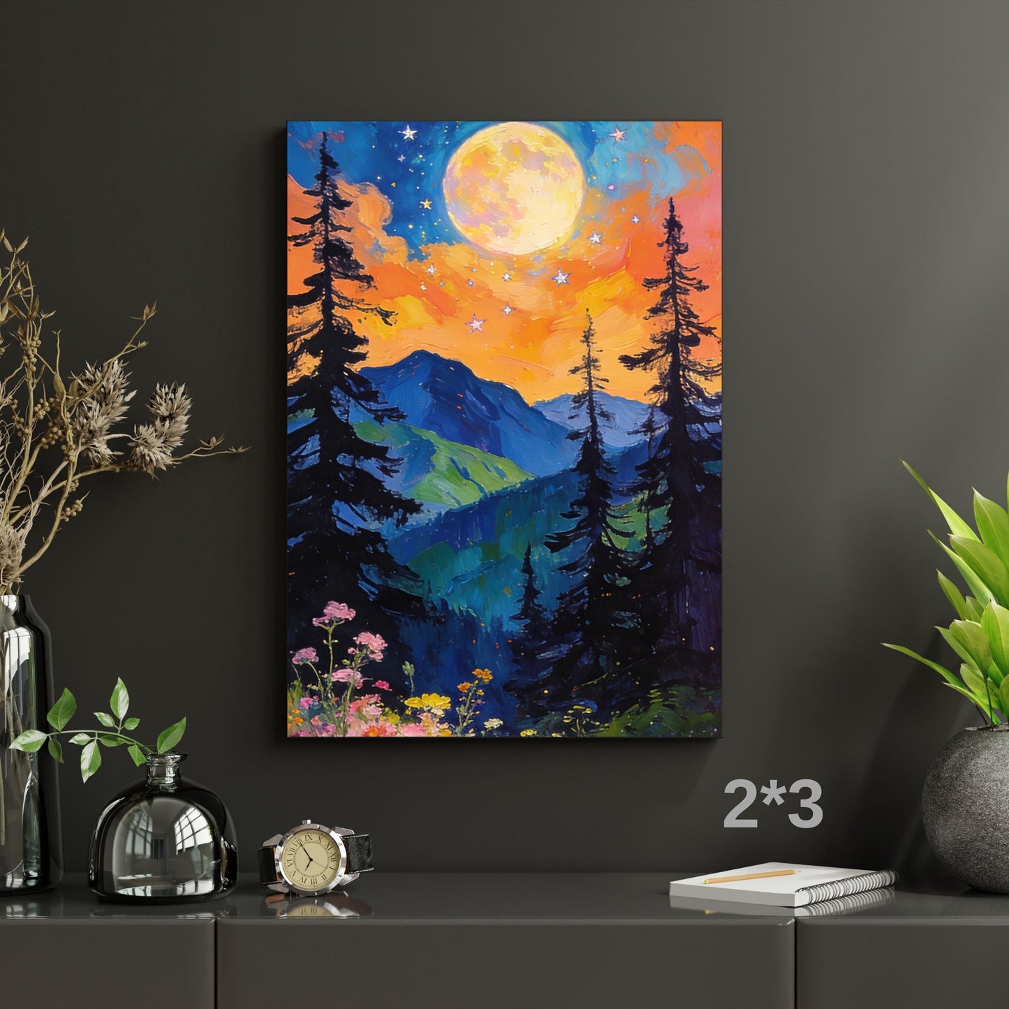 Panoramic Boho Mountain Landscape Canvas Wall Art, Framed Canvas Japanese Style Mid Century Exhibition Large Modern Living Room Decor