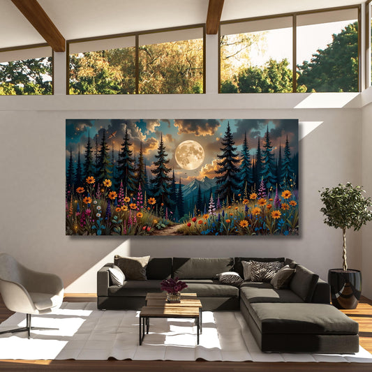 Forest Wildflowers Canvas Wall Art, Moonlit Pine Tree Forest Wall Art, Rustic Forest Painting, Full Moon Wall Art Painting Vintage Forest