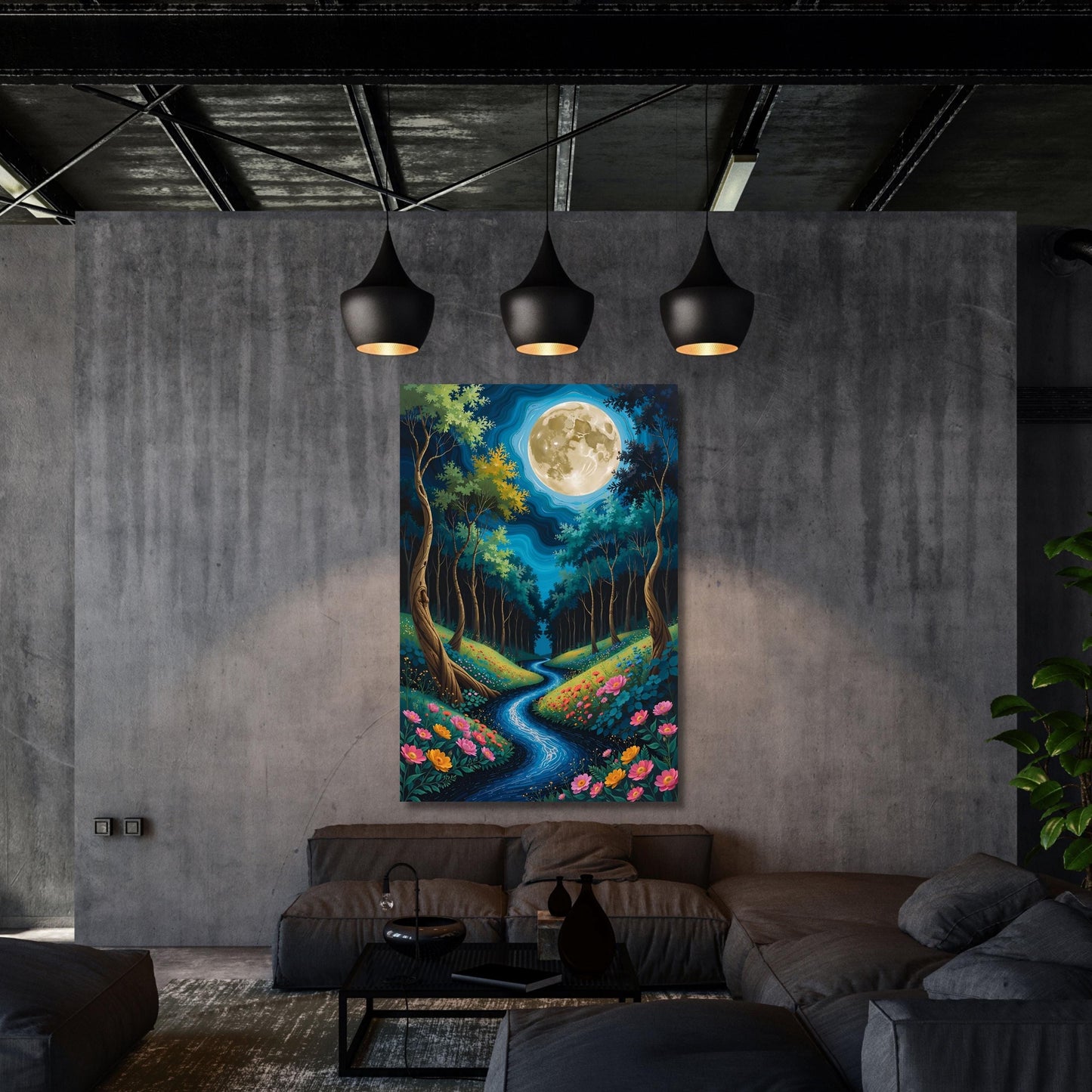 Gustav Klimt Style Magical Forest Canvas Wall Art with Full Moon Sky and River Dreamy Nature Print for Bedroom or Living Room Wall Decor art