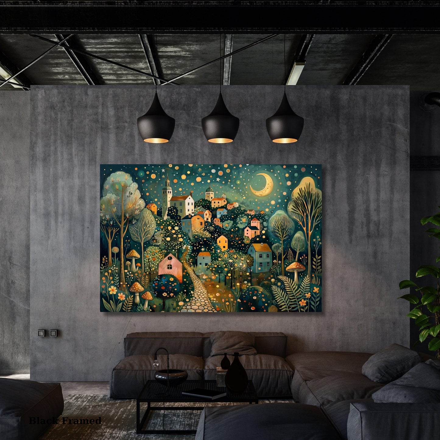 Klimt Style Whimsical Night Village Canvas Wall Art – Moonlit Forest Landscape Fantasy Decor