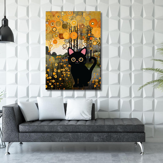 Gustav Klimt Black Cat Canvas Art,Art Nouveau Floral Garden Print, Famous Painting Reproduction, Vintage Feline Artwork, Cat Lover Gift Idea