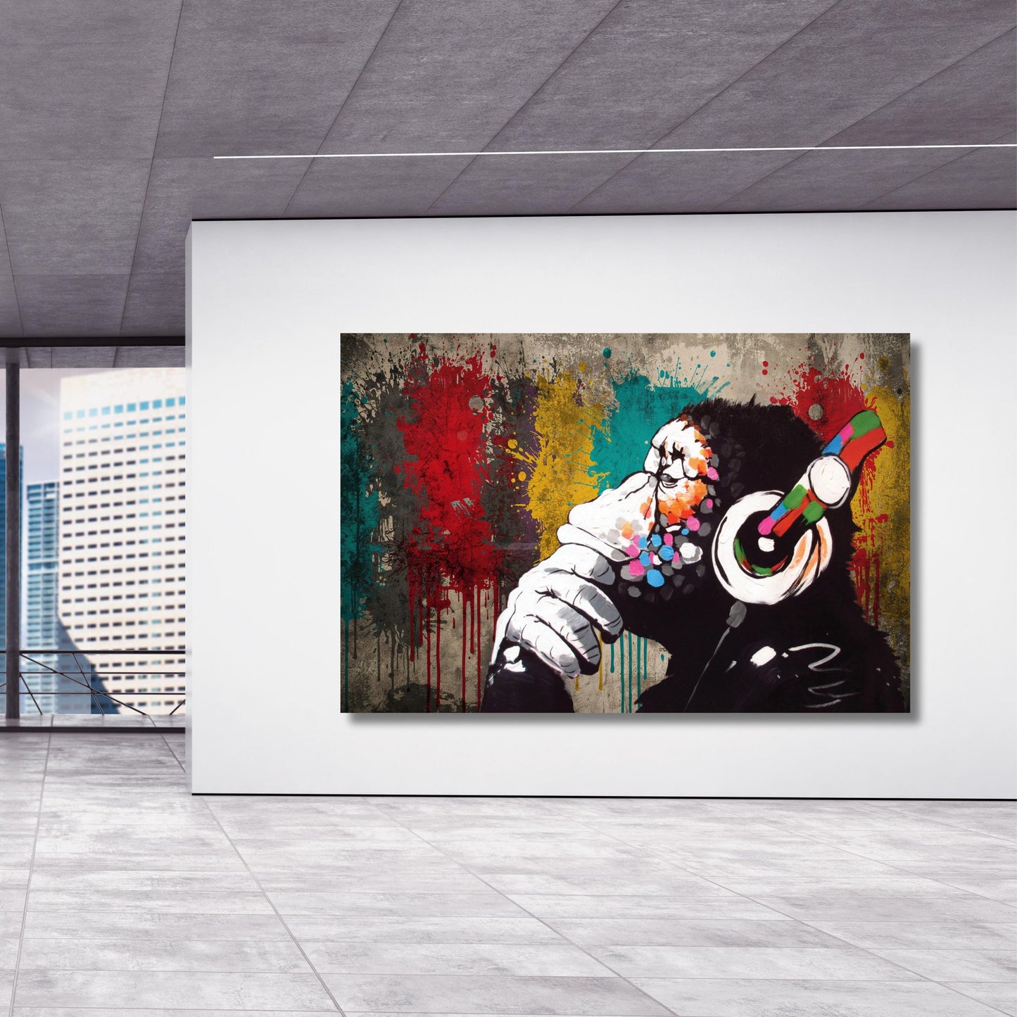 Banksy DJ Monkey Canvas Wall Art Banksy Thinking Monkey Music Thinker Graffiti Wall Art Extra Large Wall Art Gorilla Chimp Ready to Hang