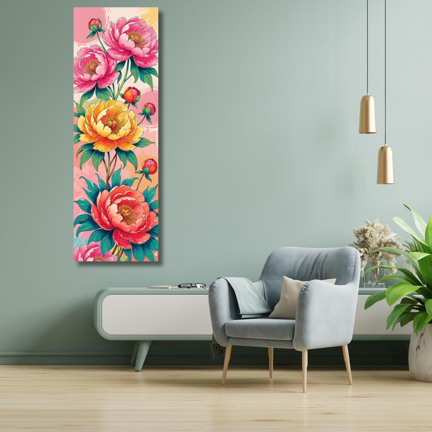 Long Narrow Panoramic Summer Peony Canvas – Elegant Floral Wall Art for Bedroom or Hallway – Soft Pink Botanical Print for Home Decor art