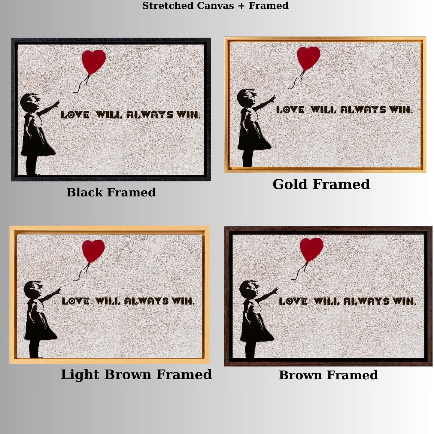 Banksy Love Will Always Win Canvas Wall Art, Girl with Heart Balloon Graffiti, Framed Ready to Hang Modern Street Art, Inspirational Poster
