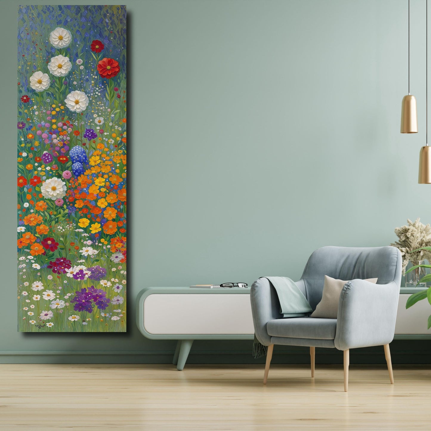Klimt Style Wildflower Garden Tall Narrow Canvas, Botanical Nature Wall Art, Rustic Floral Vertical Print for Hallway or Bedroom art gift