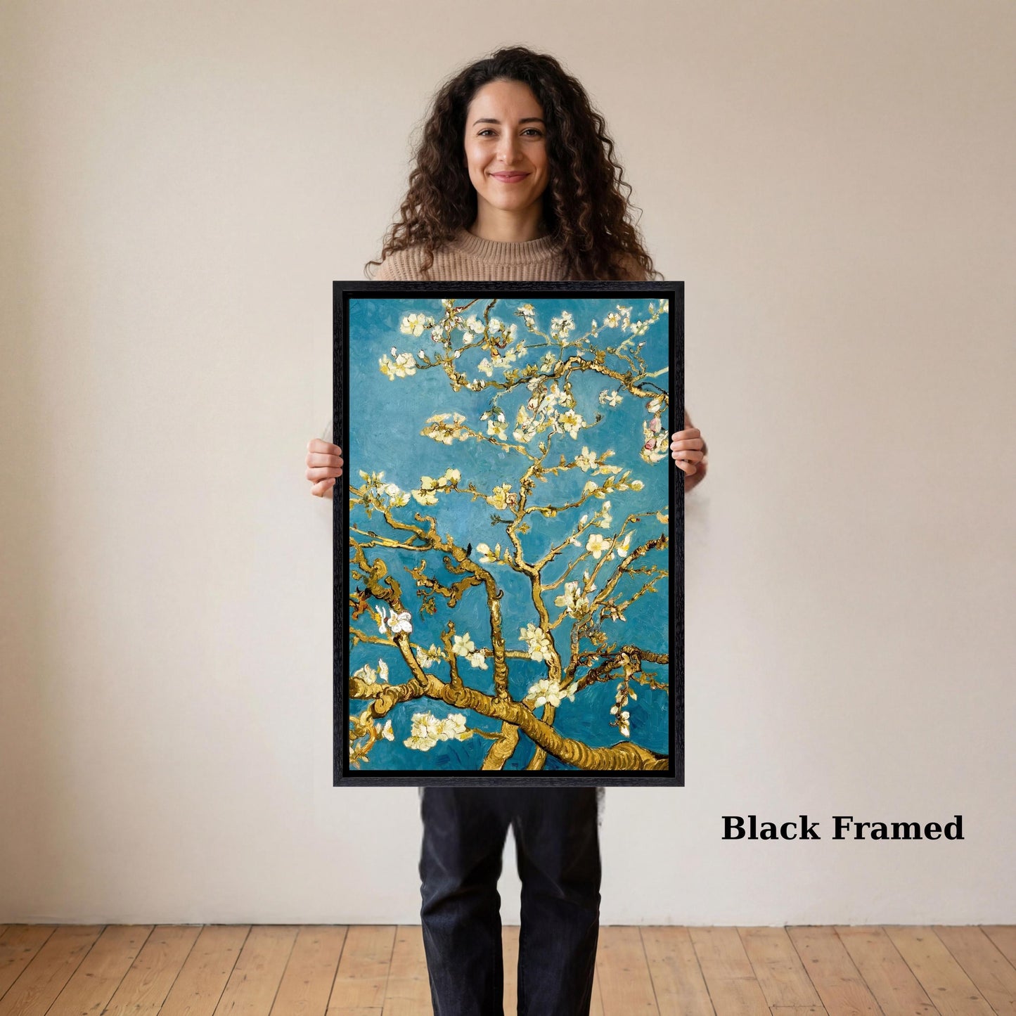 Vincent Van Gogh Almond Blossoms Style Canvas, Vertical Floral Wall Art, Reimagined Modern Blossom Print,Gold and Blue Flower Art