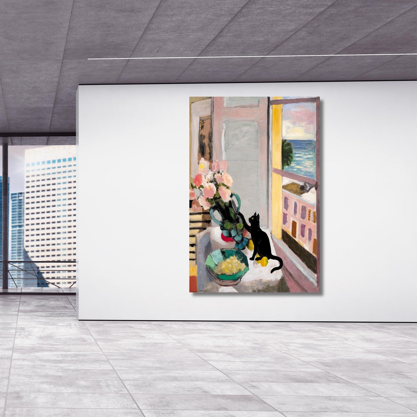 Matisse-Inspired Cat and Roses Canvas – Whimsical Still Life Wall Art