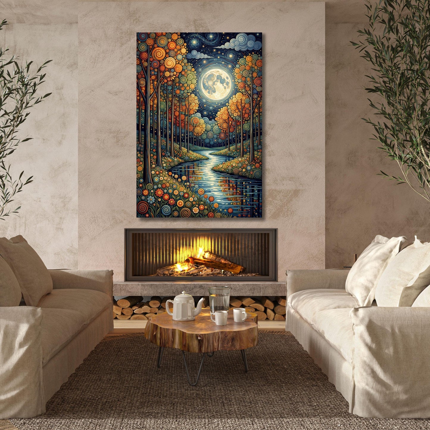 Moonlit Forest Canvas Art, Vintage Pine Tree Painting