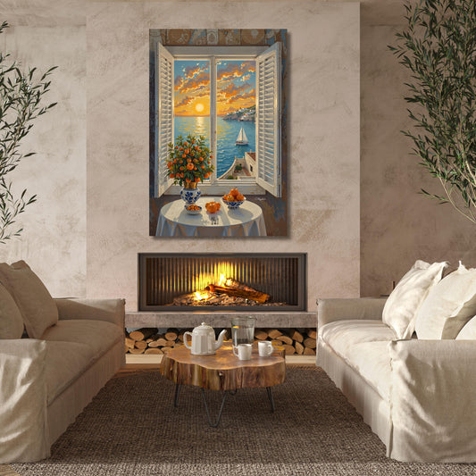 May include: A framed painting depicts a coastal scene with a sunset view through a window with open shutters. A table with a white tablecloth holds a vase of orange flowers and a bowl of oranges. A sailboat is visible on the water.