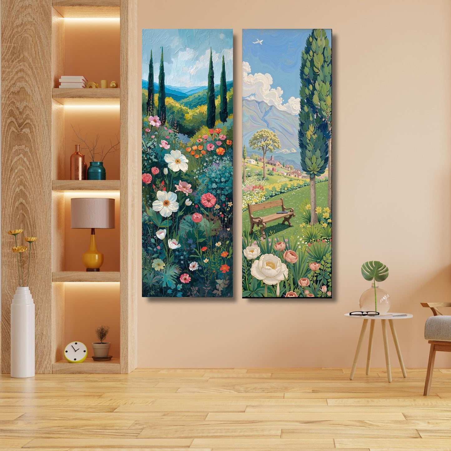 Set of 2 Long Narrow Klimt Inspired Botanical Landscape, Horizontal Large Framed Canvas Art, Oversize Nature Print with Elegant Wood Frames,