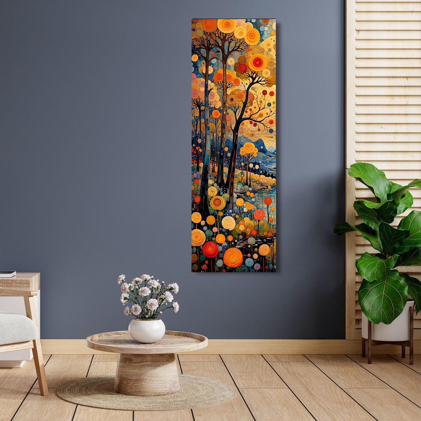 Klimt Style Long Canvas Wall Art, Vertical Waterfall Landscape Painting, Impressionist Forest and Mountain Decor, Tall Narrow Canvas Print