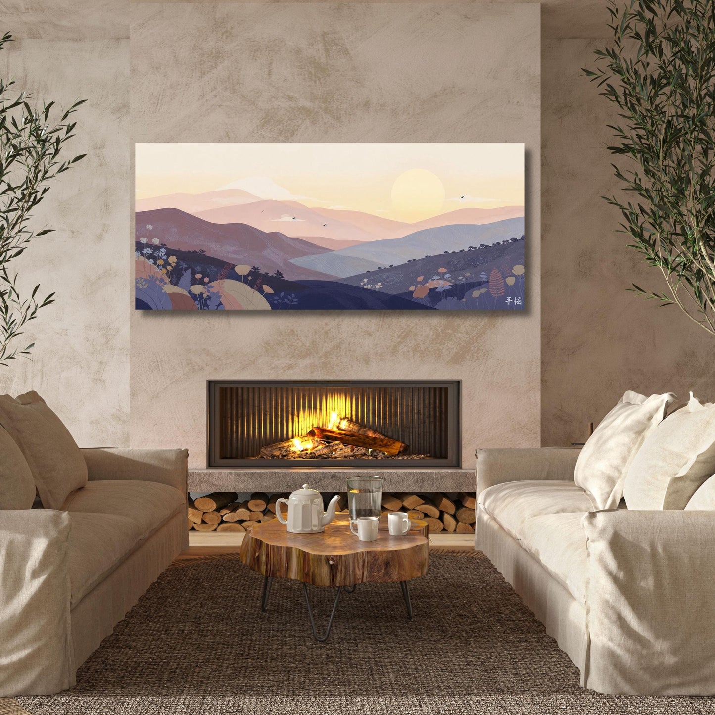 Boho Sunrise Mountain Print Minimalist Rolling Hills Wall Art for Above Bed Decor, Hallway Accent or Luxury Modern Home Interior Style art