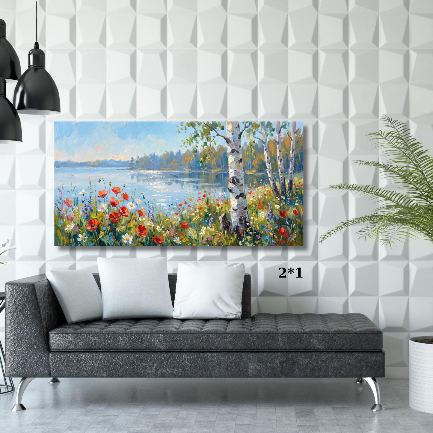 Panoramic Lake Landscape Canvas Art, Birch Tree and Red Poppies Wall Decor,Impressionist Nature Painting, Large Horizontal Living Room Decor