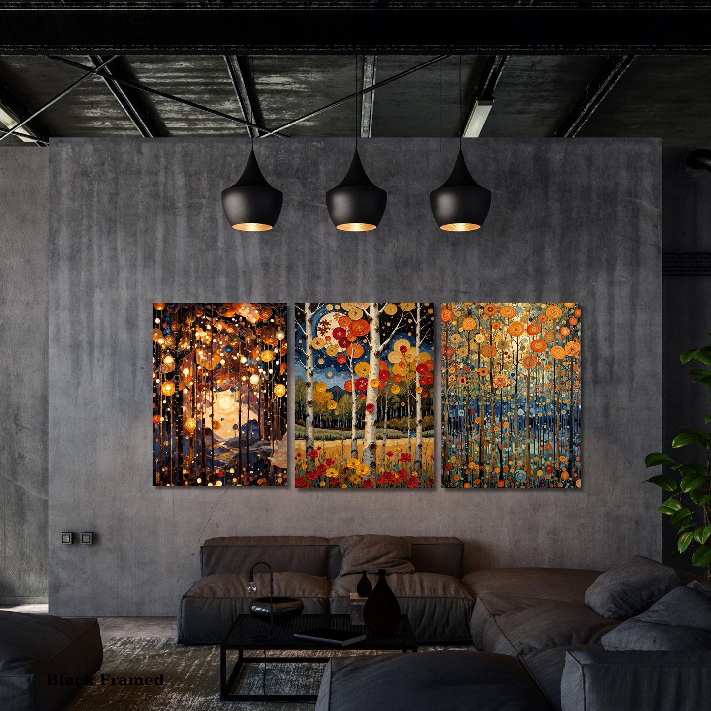 Set of 3 Gustav Klimt Night Canvas Wall Art Klimt style Klimt Moon Stars Canvas Wall Art Modern Living Room Gold Flowers Night Sky wall art