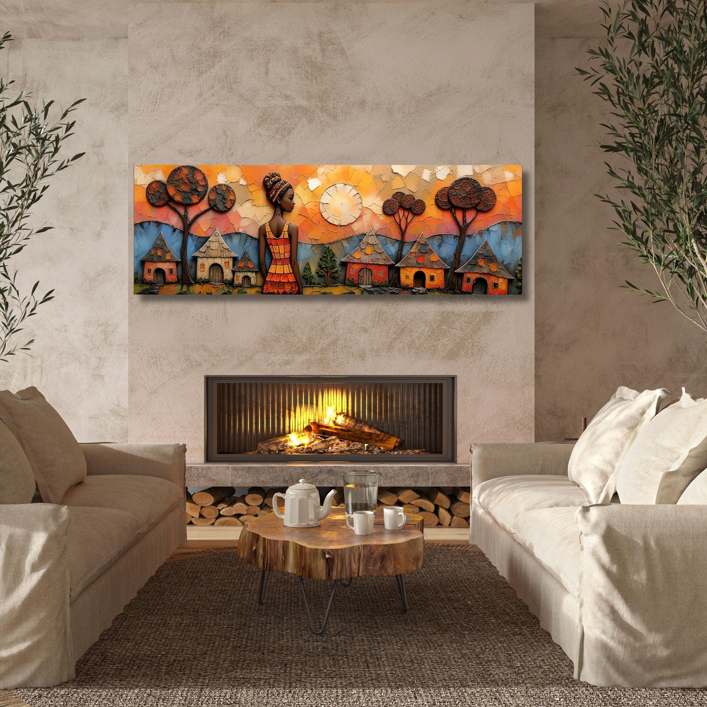 Panoramic Traditional African Village Scene Canvas Wall Art Cultural Canvas Wall Art Unique Gift Home Decor Ethnic Afrocentric Wall Art gift