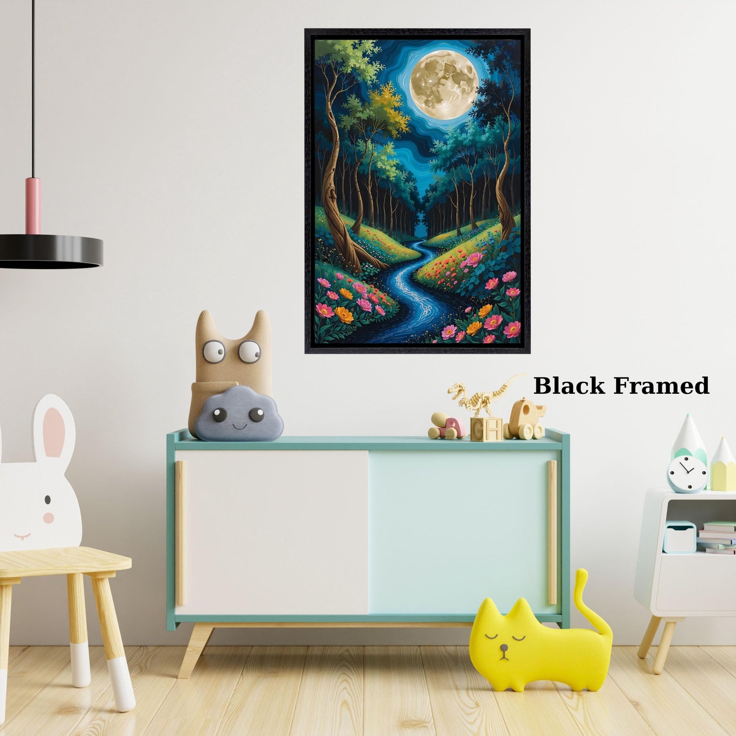 Gustav Klimt Style Magical Forest Canvas Wall Art with Full Moon Sky and River Dreamy Nature Print for Bedroom or Living Room Wall Decor art