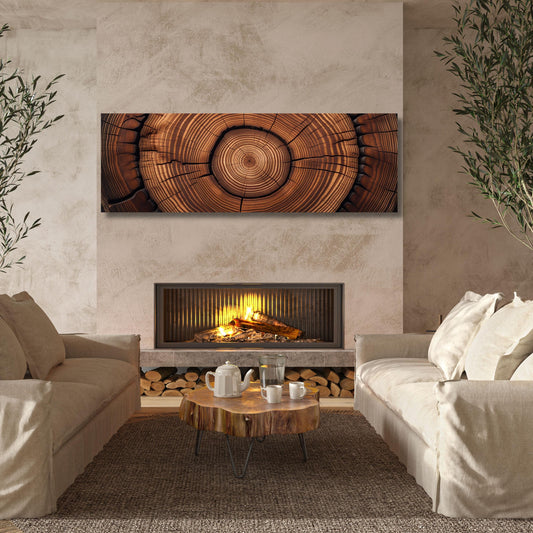 May include: A large, rectangular wooden artwork depicting the cross-section of a tree trunk, showcasing concentric growth rings in shades of brown and tan. The artwork hangs above a fireplace with a burning fire, and is part of a living room setting.