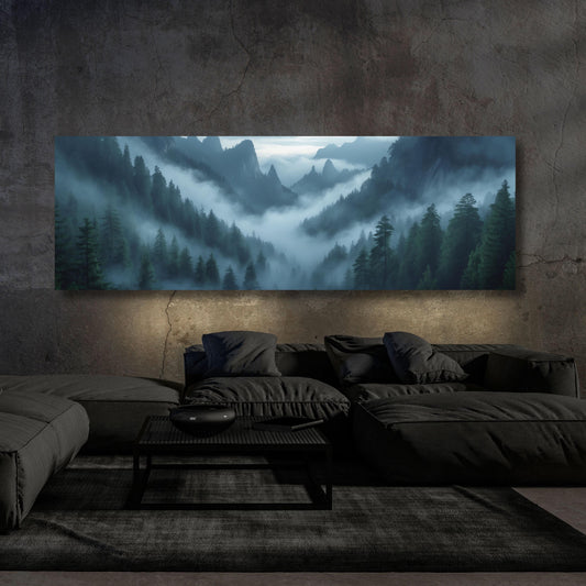 Panoramic Forest mountains Canvas Wall print misty foggy mountains photography green forest landscape print large nature wall Exhibition art