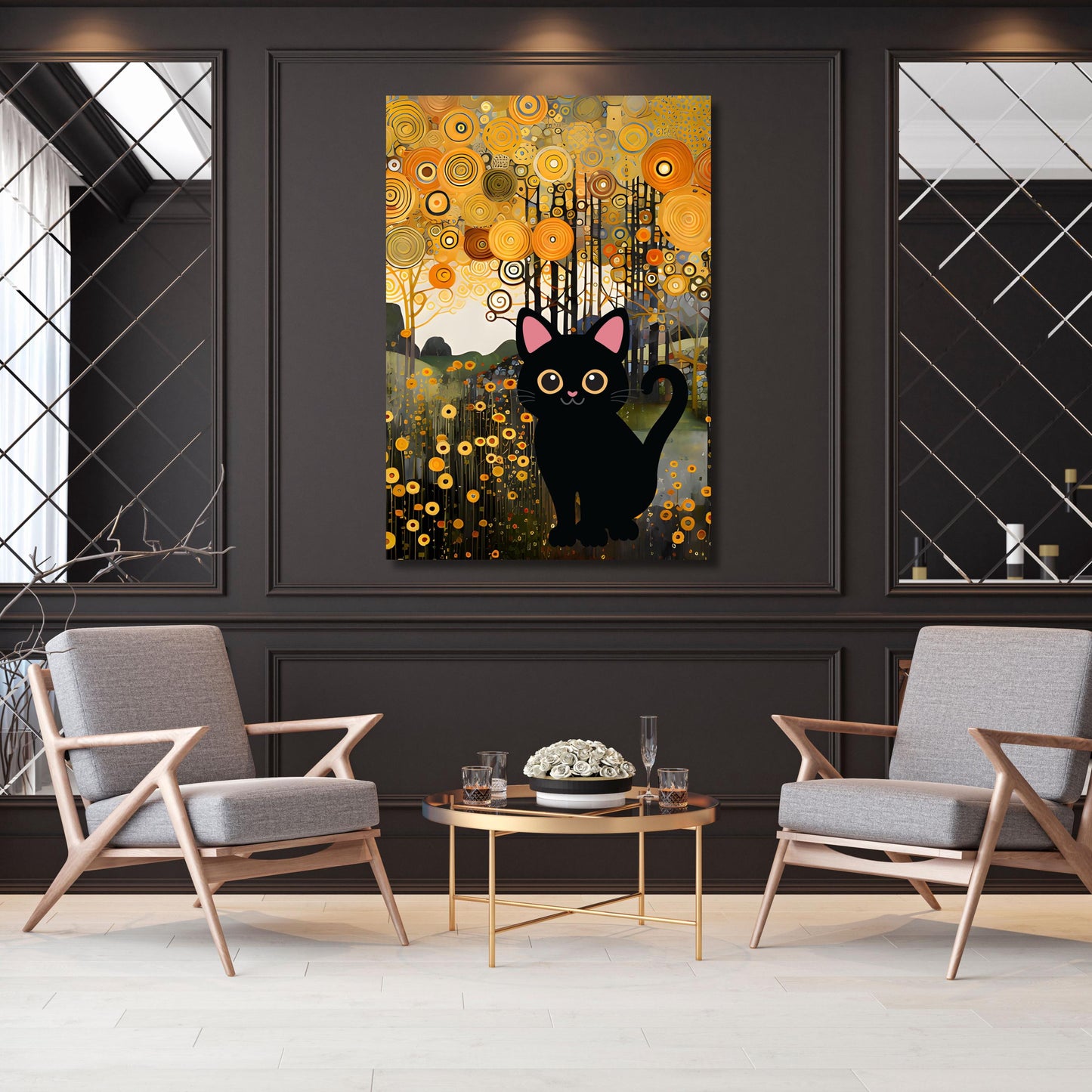 Gustav Klimt Black Cat Canvas Art,Art Nouveau Floral Garden Print, Famous Painting Reproduction, Vintage Feline Artwork, Cat Lover Gift Idea