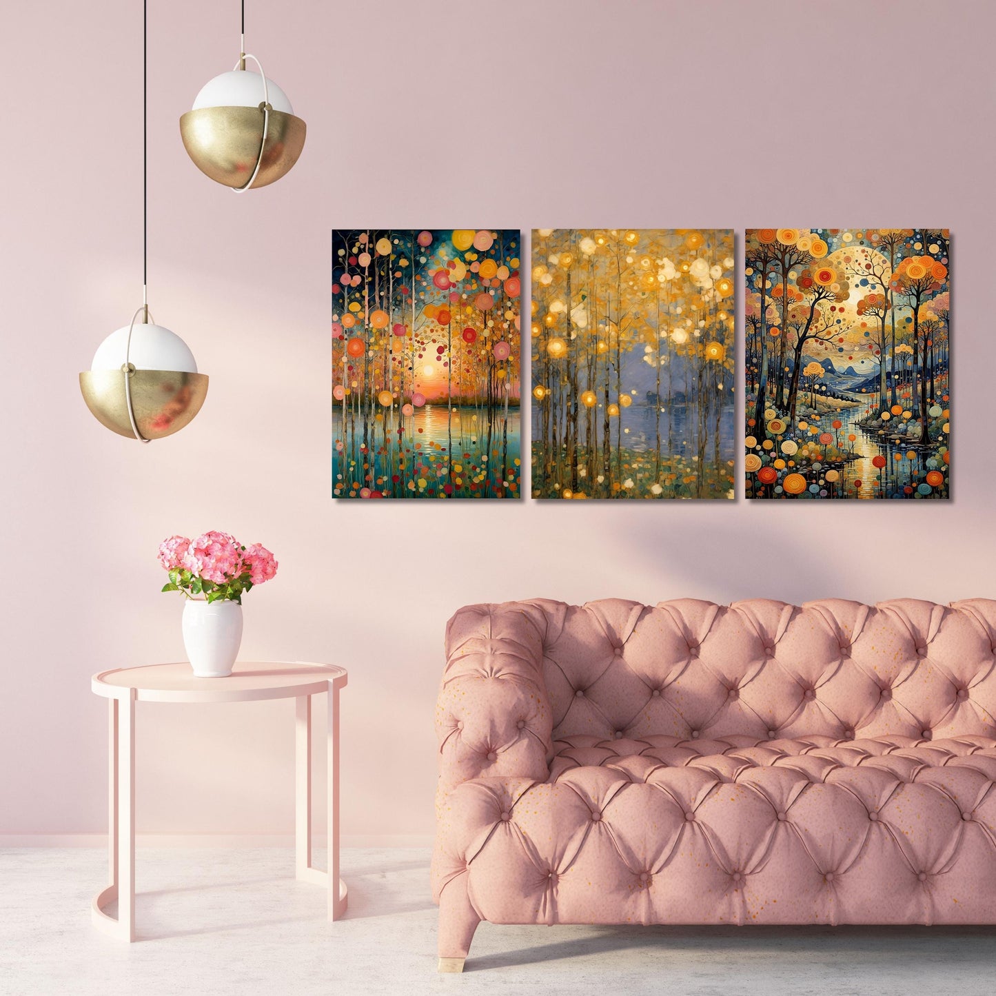 Set of 3 Gustav Klimt Night Canvas Wall Art Klimt style Klimt Moon Stars Canvas Wall Art Modern Living Room Gold Flowers Night Sky wall art