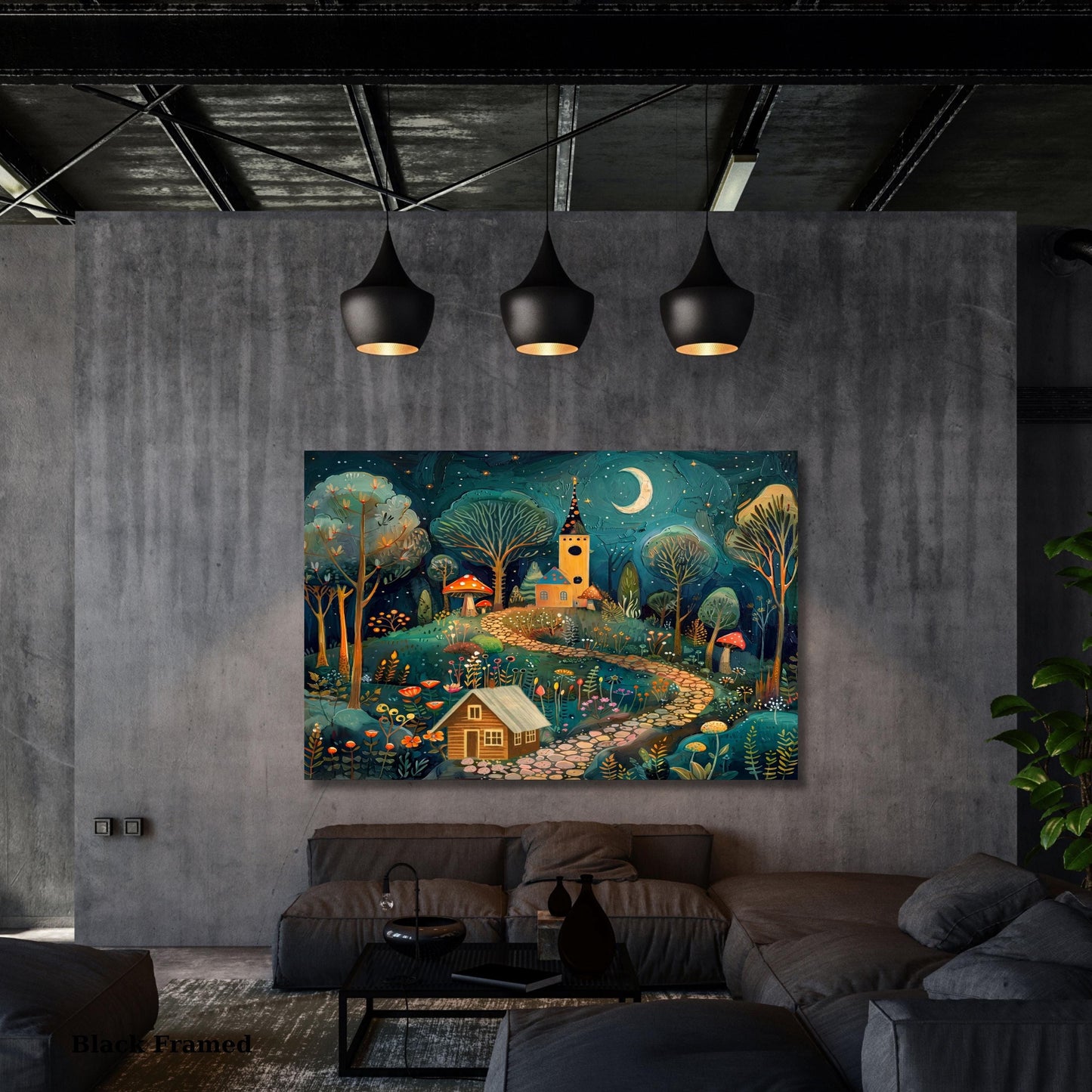 Klimt Style Whimsical Night Village Canvas Wall Art – Moonlit Forest Landscape Fantasy Decor