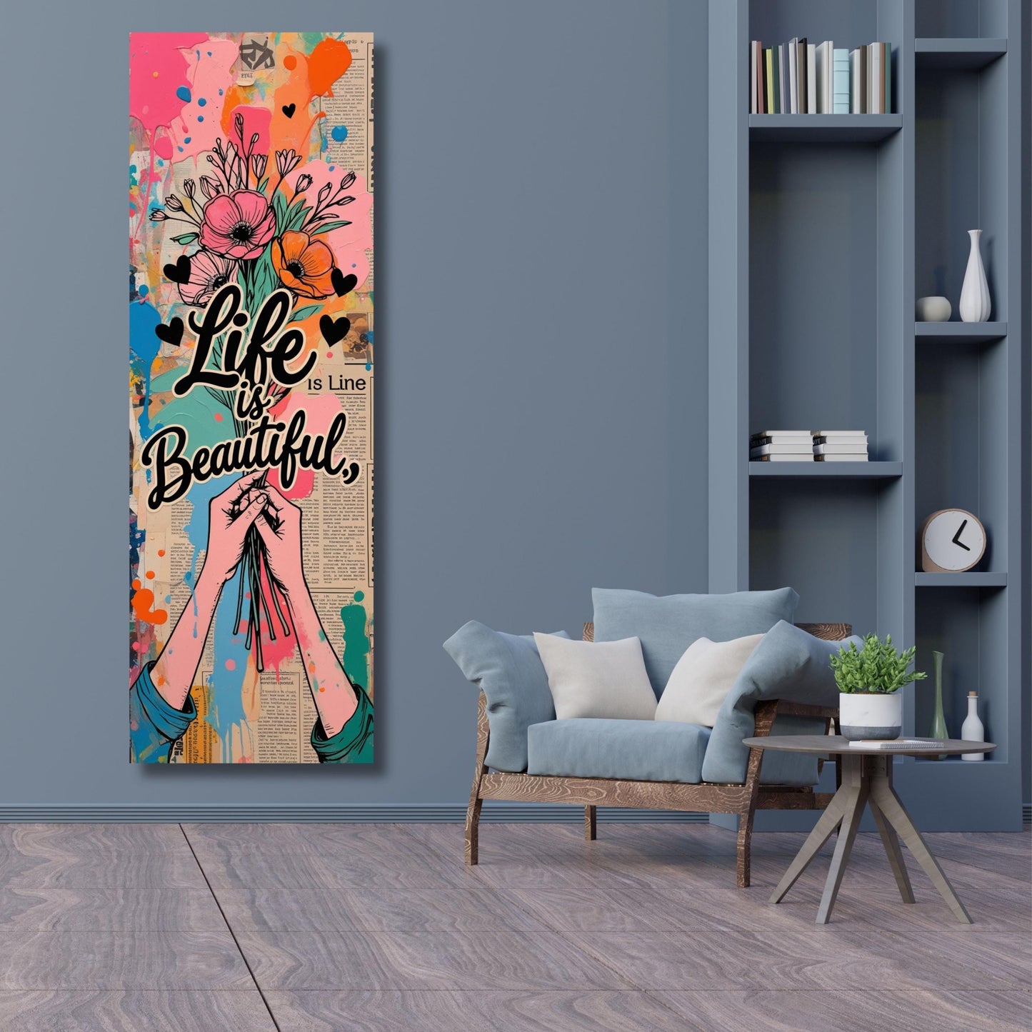 Life Is Beautiful Long Narrow Canvas – Vertical Graffiti Wall Art – Modern Banksy Style Street Art Print for Hallway or Small Wall Spaces