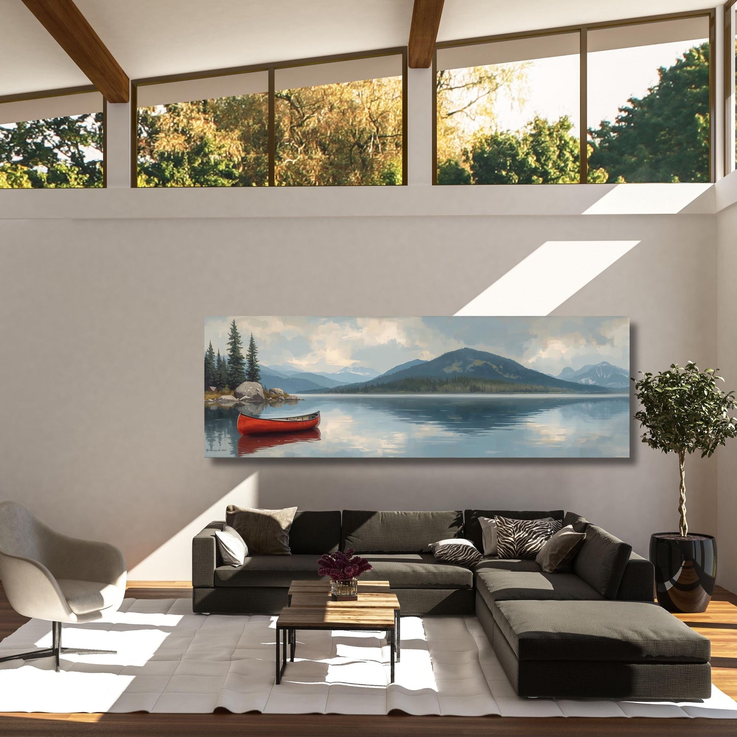 Lone Wooden Red Canoe Floating In Lake Canvas Wall Art Art, Oversize Nature Print with Elegant Modern Wall Hangings Klimt Landscape