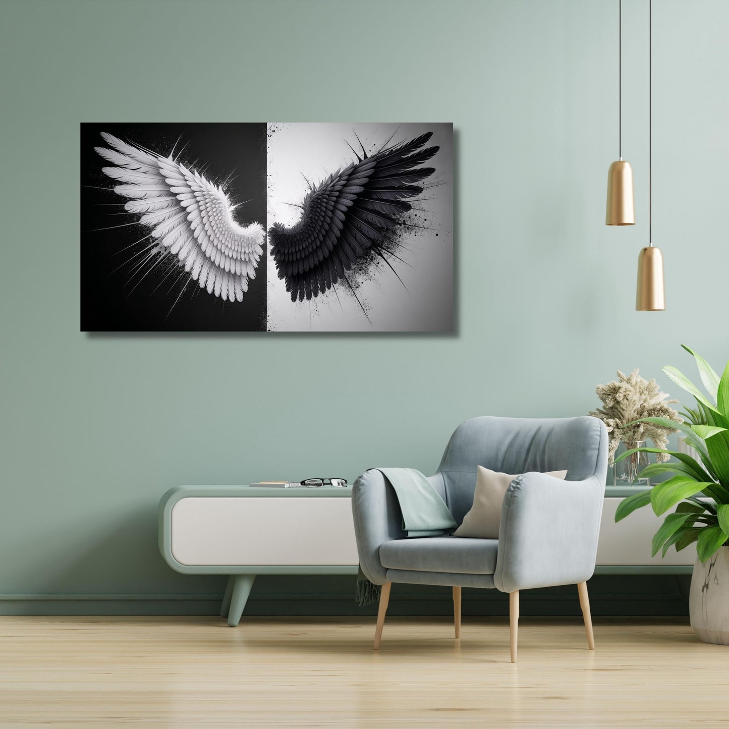 a modern living room with a large wall art piece depicting two wings, one black and one white, hanging above a gray armchair.