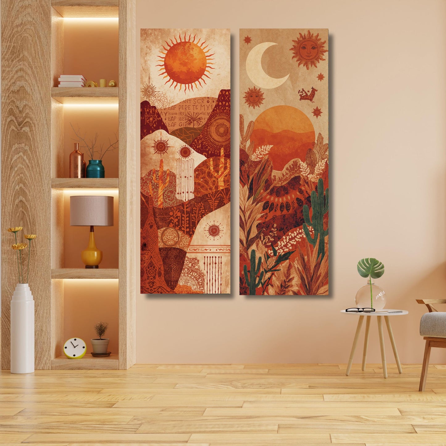 Set of 2 Long Narrow Klimt Inspired Botanical Landscape, Horizontal Boho Sun Moon Star Canvas Wall Art – Mystical Celestial Bohemian Decor