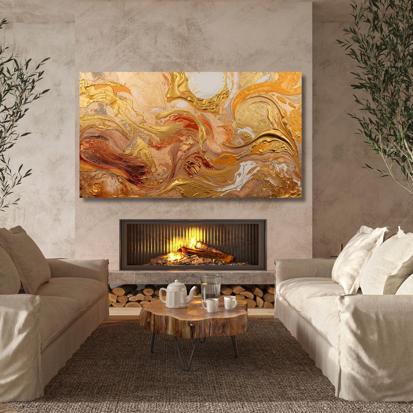 Gold and Copper Abstract Canvas Wall Art, Modern large copper artwork Print, Elegant Large Wall Decor, Luxury Textured Art for Living Room