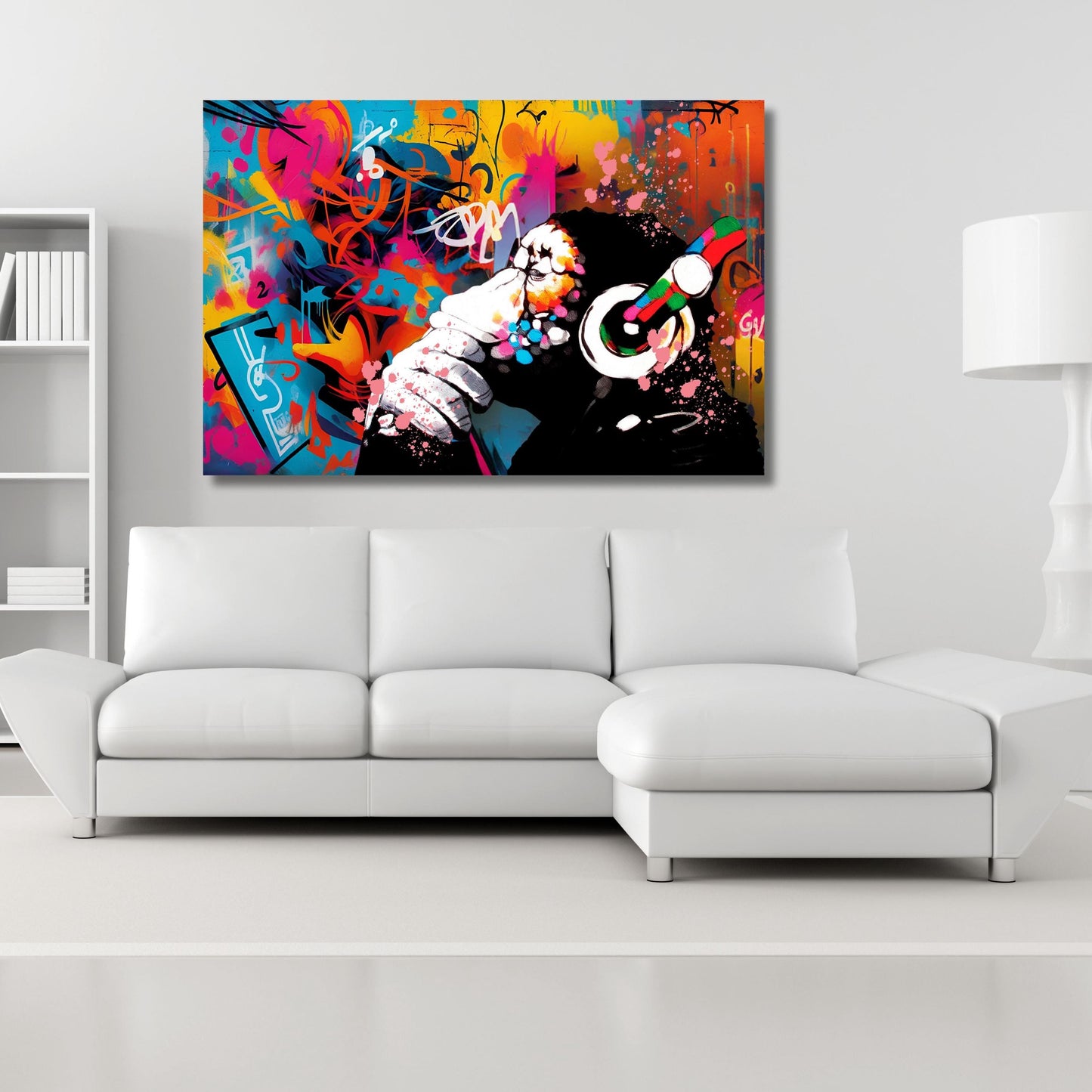 Banksy DJ Monkey Canvas Wall Art Gorilla Chimp Wall Art Banksy Thinking Monkey Music Thinker Graffiti Street Graffiti Extra Large Wall Art