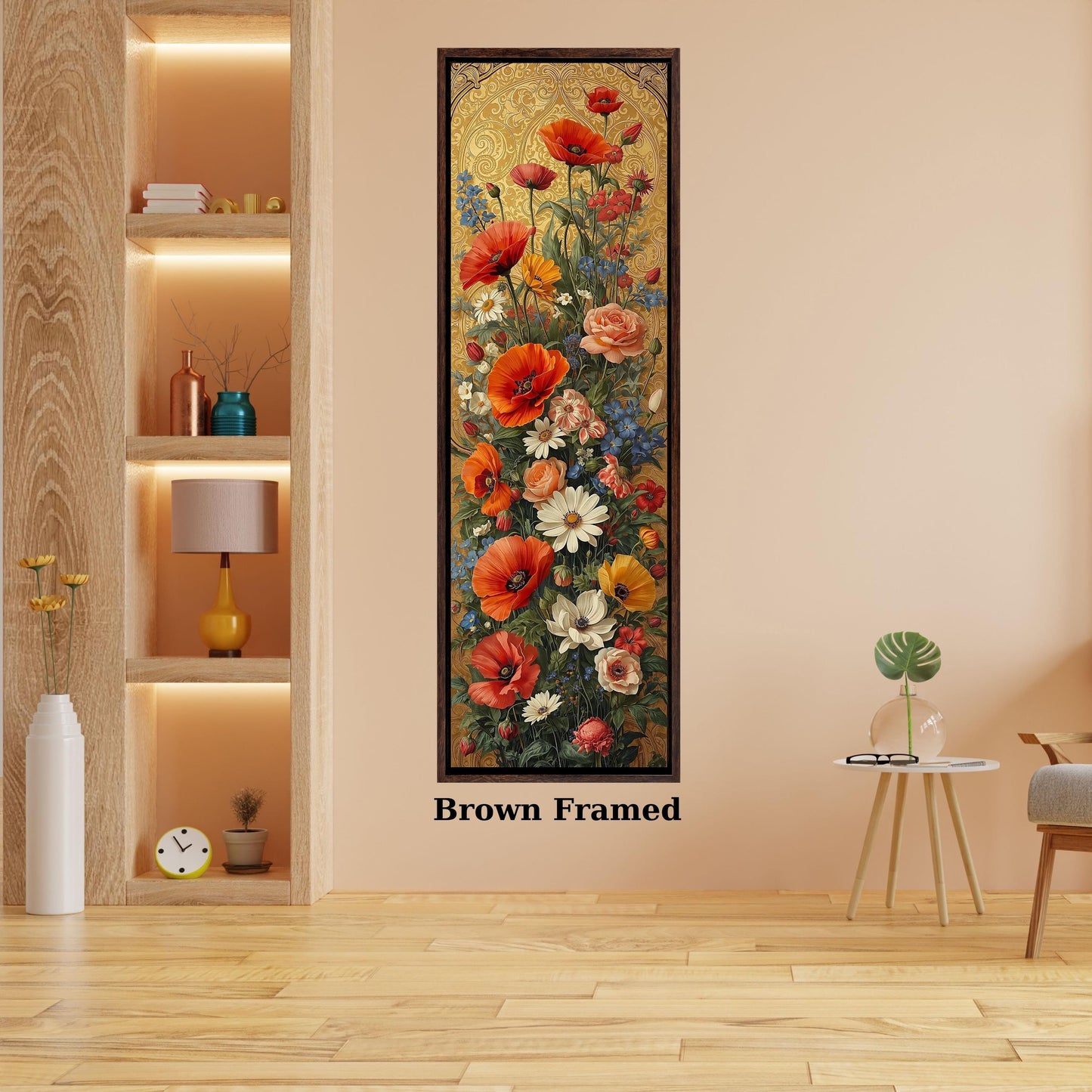 Long Narrow Golden Floral Abstract Canvas Art, Elegant Poppy & Rose Vertical Wall Decor, Framed  Luxury Flower Poster, Tall Narrow Wall Art