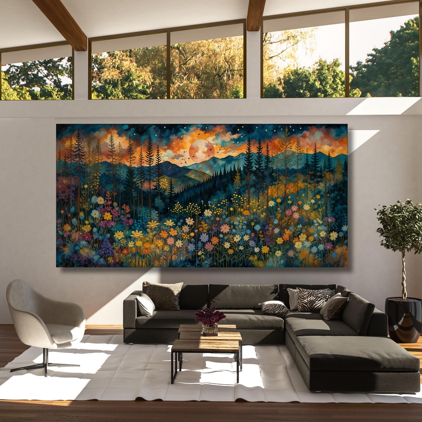 Full Moon Wildflower Canvas Art – Moonlit Forest and Pine Tree Print – Rustic Flower Garden Wall Decor – Klimt-Inspired Woodland Gift