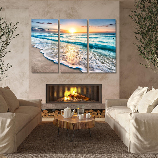 Set of 3 Beach Sunset Canvas Wall Art,Ocean Landscape Print,Coastal Seaside Canvas Decor,Tropical Horizon Artwork,Relaxing Beach Home Art