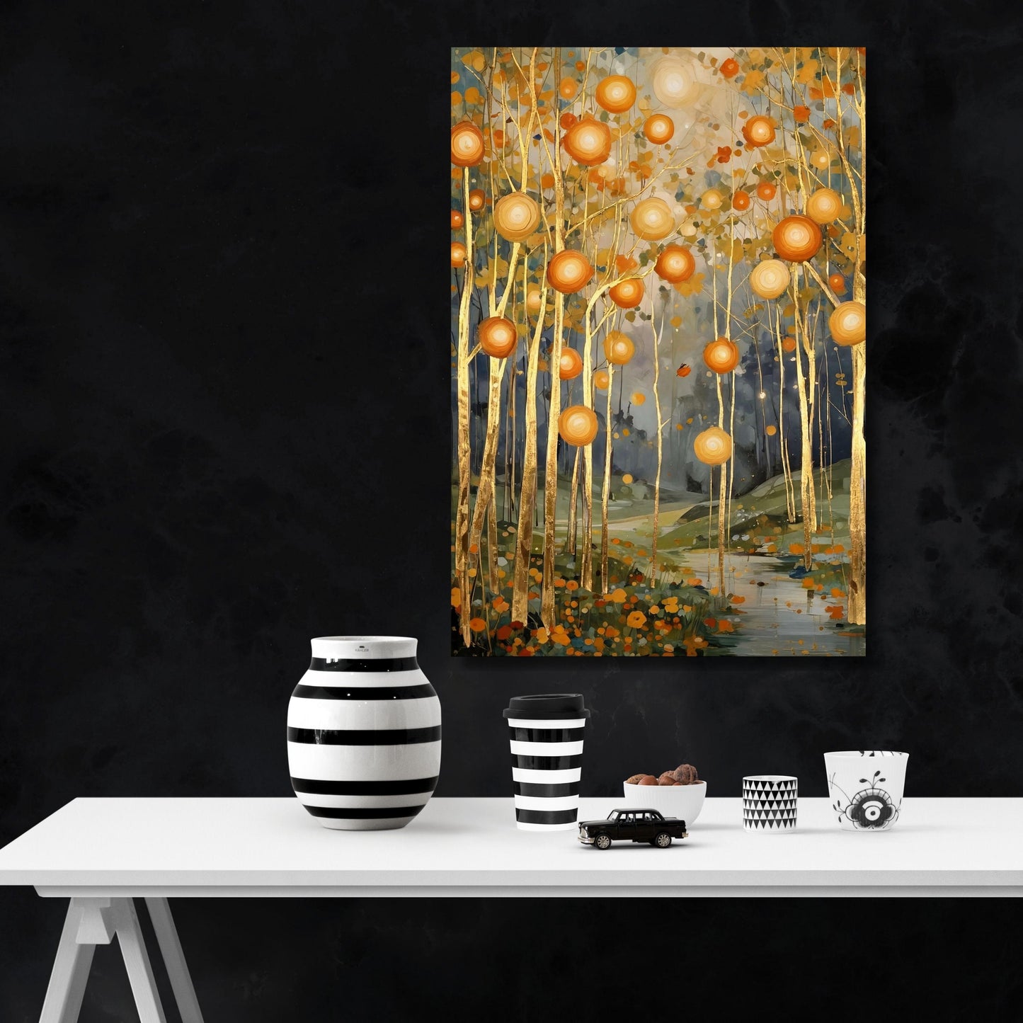 Gustav Klimt Style Golden Landscape, Mystical Symbolist Lake Art, Gold Geometric Wall Decor, Art Nouveau Canvas Print, Large Luxury Wall Art