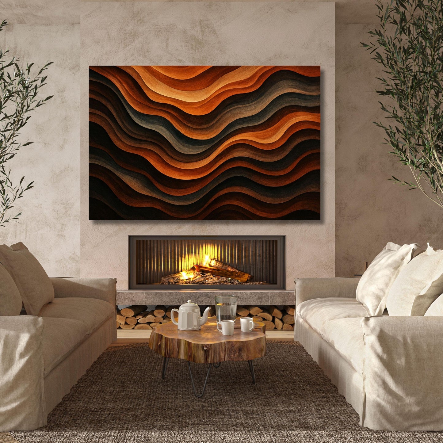 Tree Rings Canvas Wall Art Abstract Waves canvas Wall Art Natural Wood Texture painting print Rustic Wall Hangs