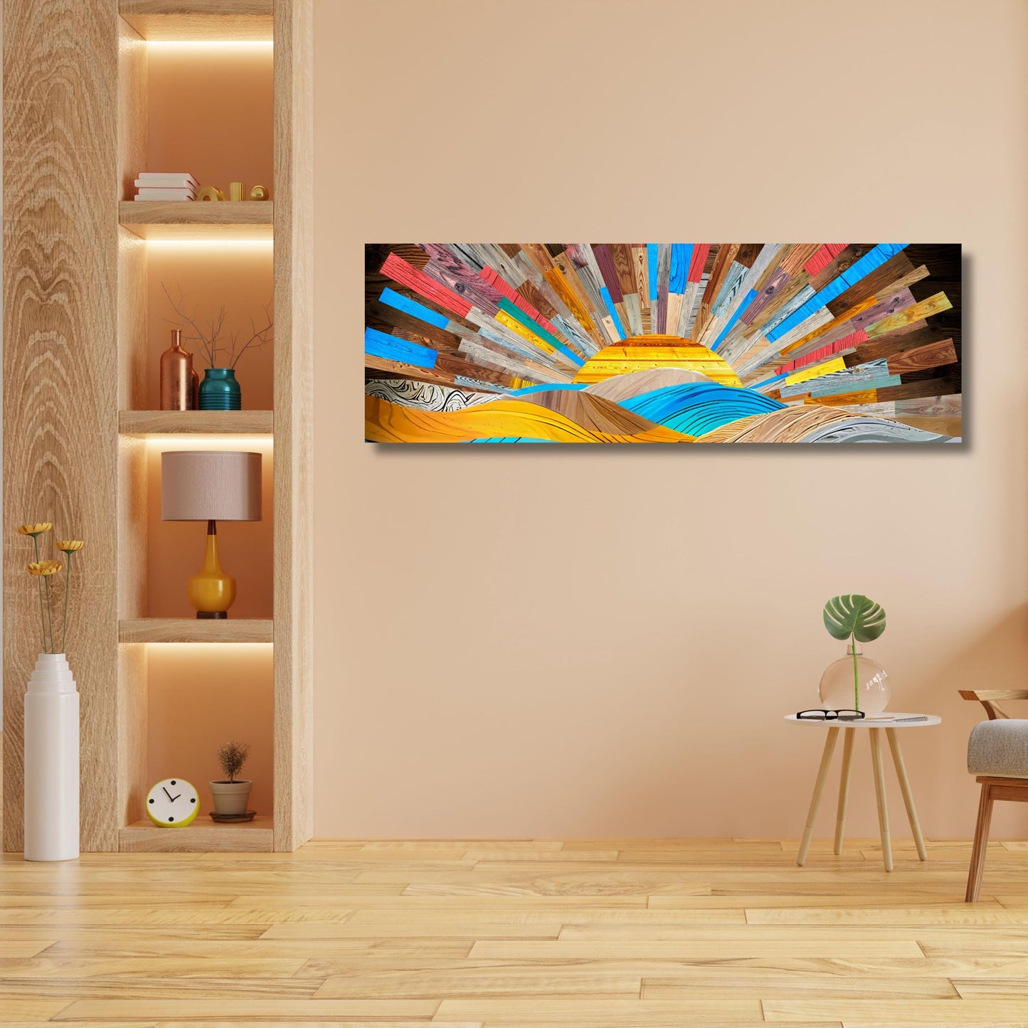 Boho Sunrise Canvas Wall Art – Wood Look Sun Print for Bedroom or Office – Natural Above Bed Decor – Earthy Bohemian Home Gift Print art